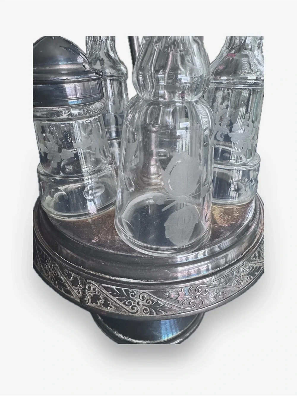 Antique Victorian Wilcox Silver Plated Rotating Condiment Cruet Set UV Glow